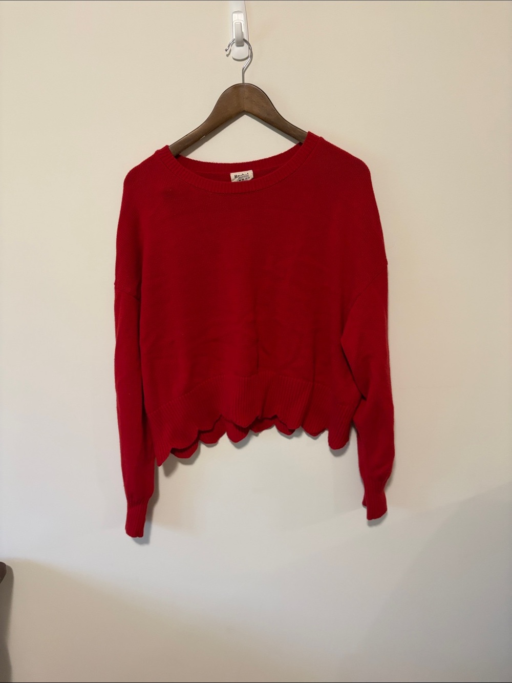 Rachel Red Scallop-Hem Crewneck Sweater